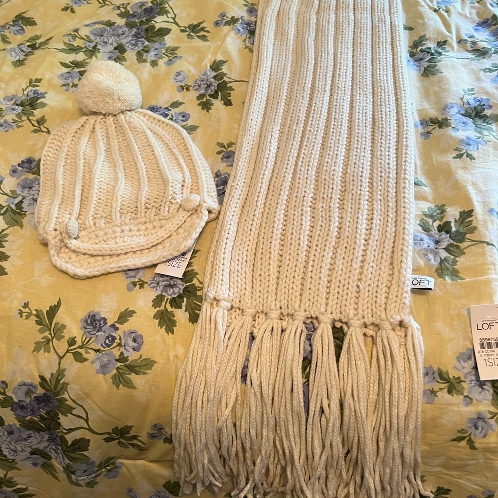 Loft Ivory Fringe Scarf and Newboy Hat w/Pom - Picture 2 of 6